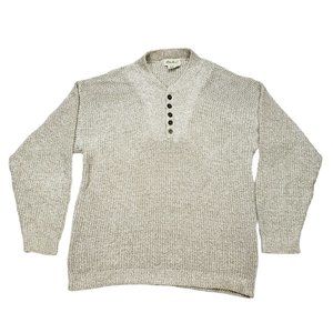 Vtg Eddie Bauer Pullover Sweater L Oatmeal Tan 1/4 Button Up 100% Cotton